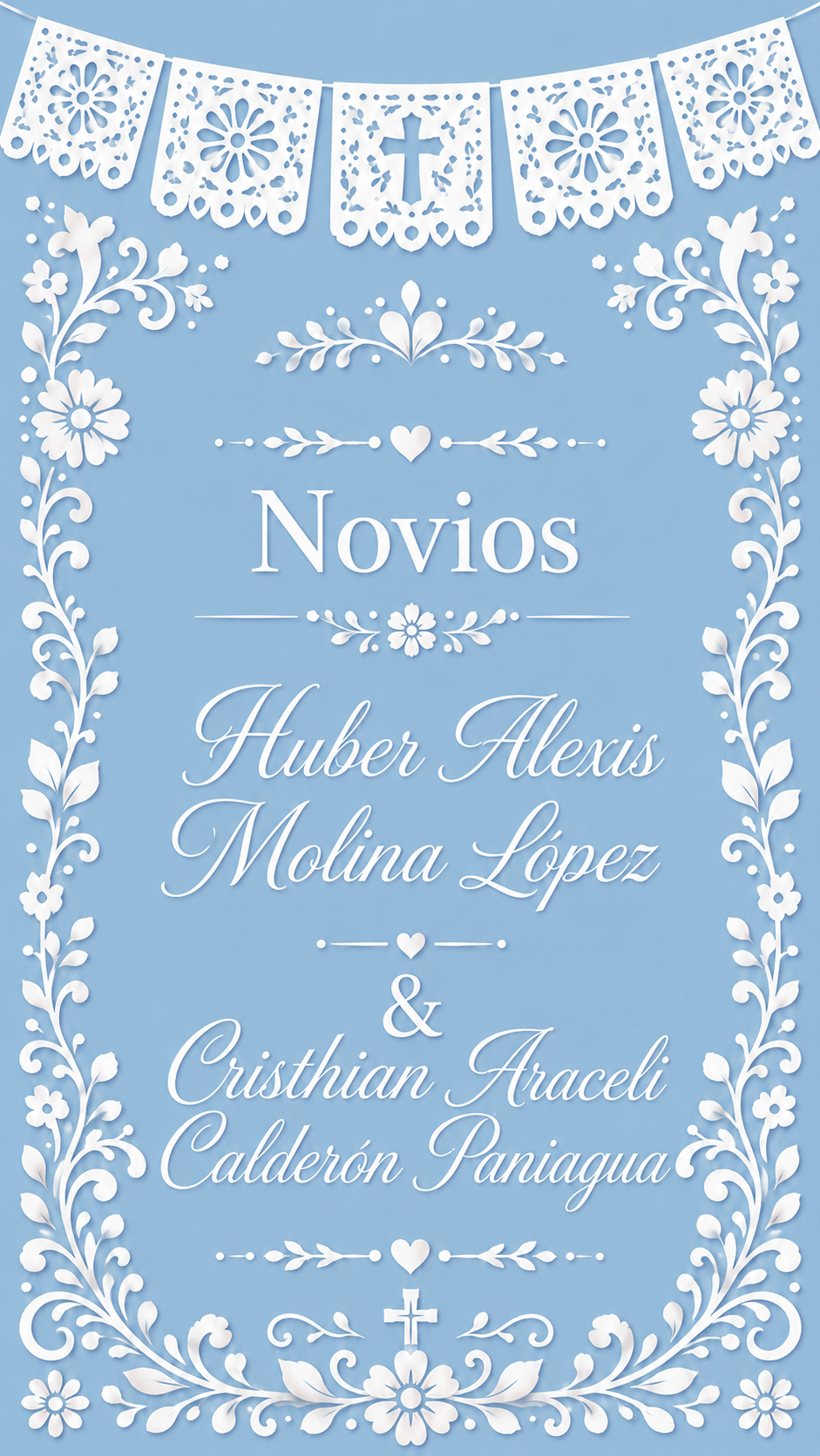 Nombres de los novios Huber Alexis Molina López y Cristhian Araceli Calderón Paniagua