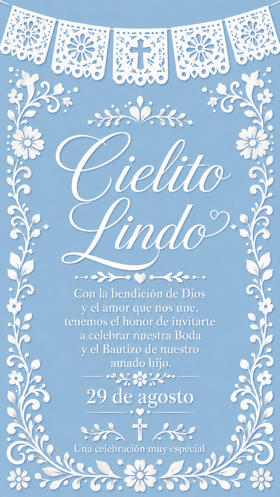 Invitación a la boda y bautizo de Cielito Lindo, el 29 de agosto